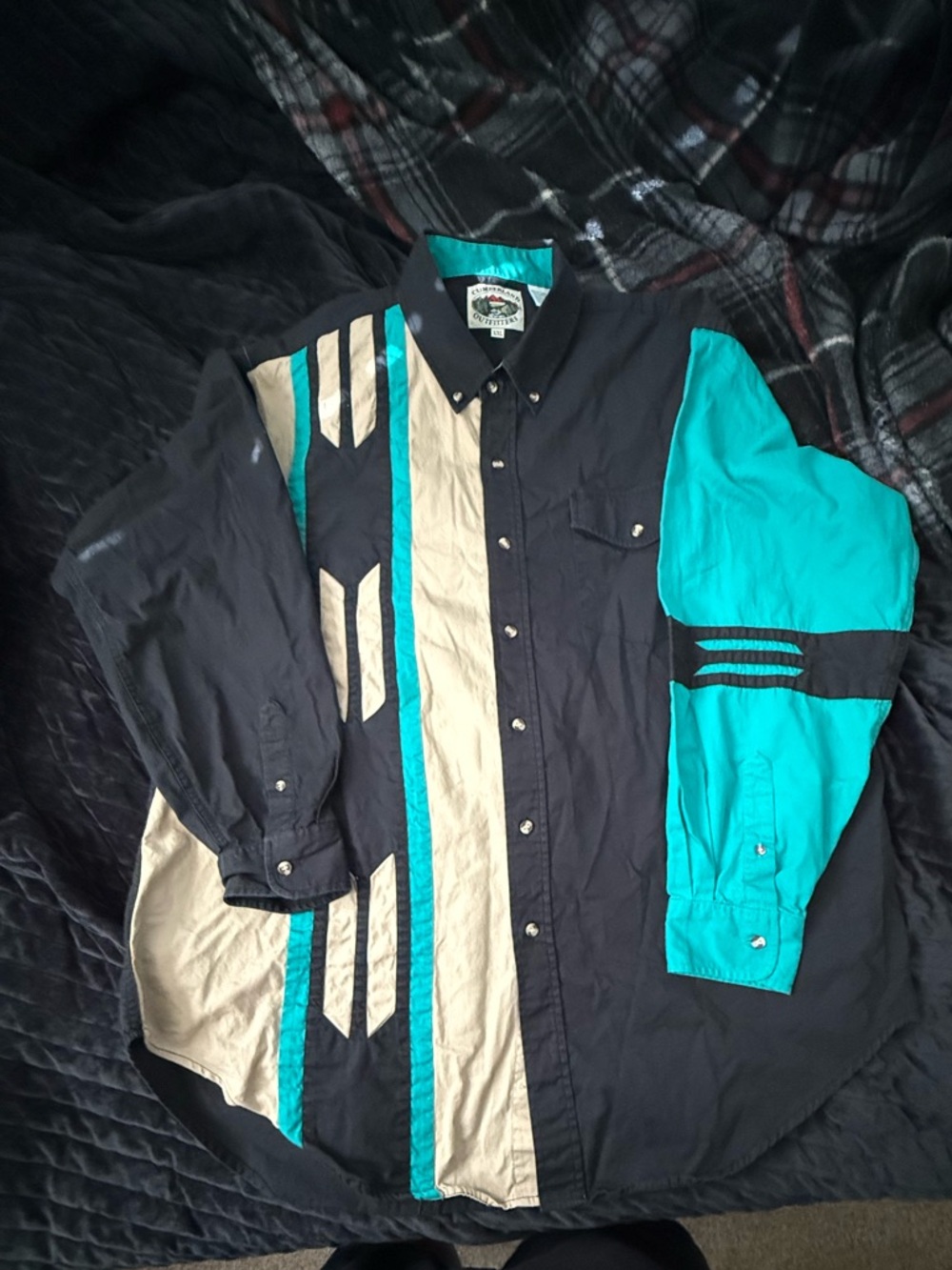 VINTAGE 1980’s Men's Teal & Black Western Colorblock Button-Up Shirt